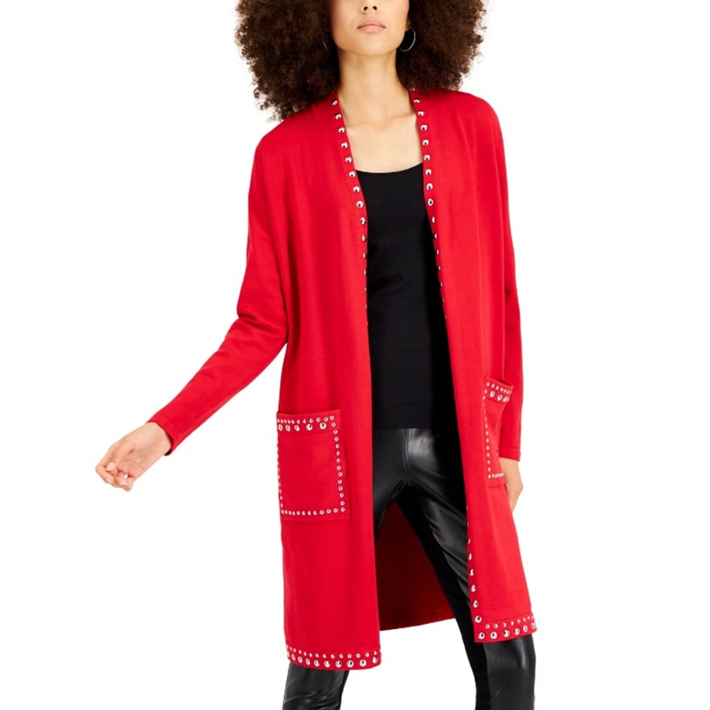 INC International Concepts XS Silver Studded Red Long Belted Cardigan NWT