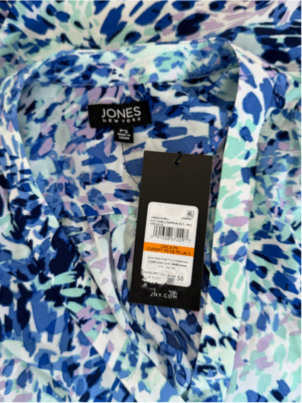 Jones New York Women's Small Petite Blue Floral Print V-Neck 3/4-Sleeve Top NWT