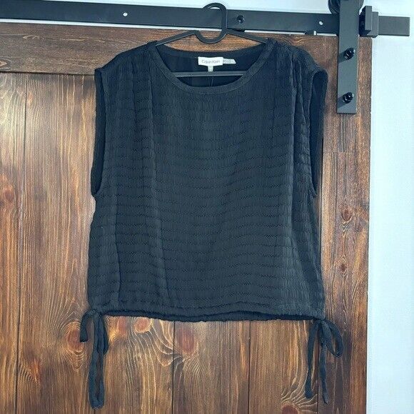 CALVIN KLEIN Women's Black Side-Tie Pintuck Round-Neck Top NWT