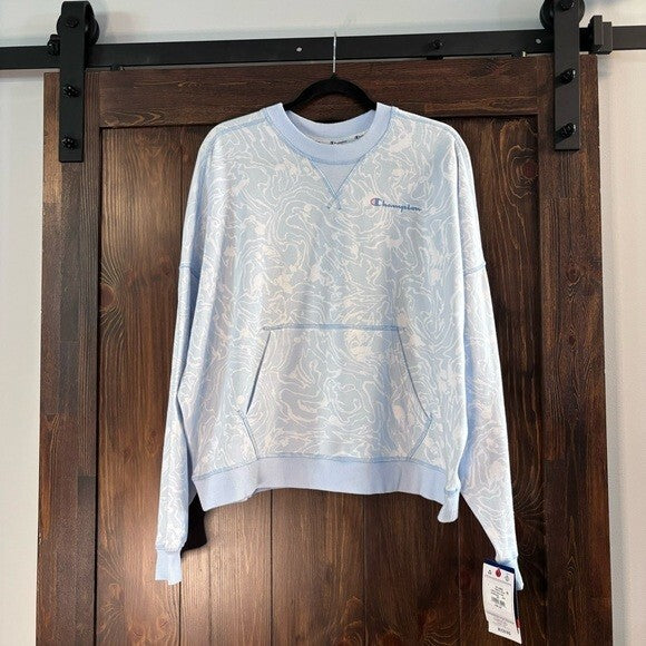 CHAMPION Women's XXL Campus-Print French Terry Crewneck Blue and White Sweater NWT