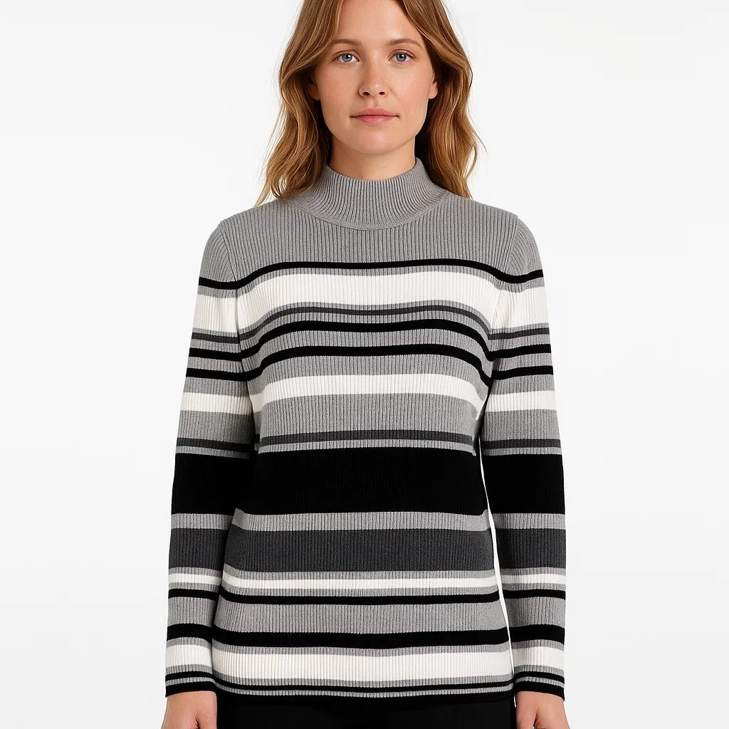 Karen Scott Size Medium Mock Neck Striped Ribbed Sweater Gray 100% Cotton NWT