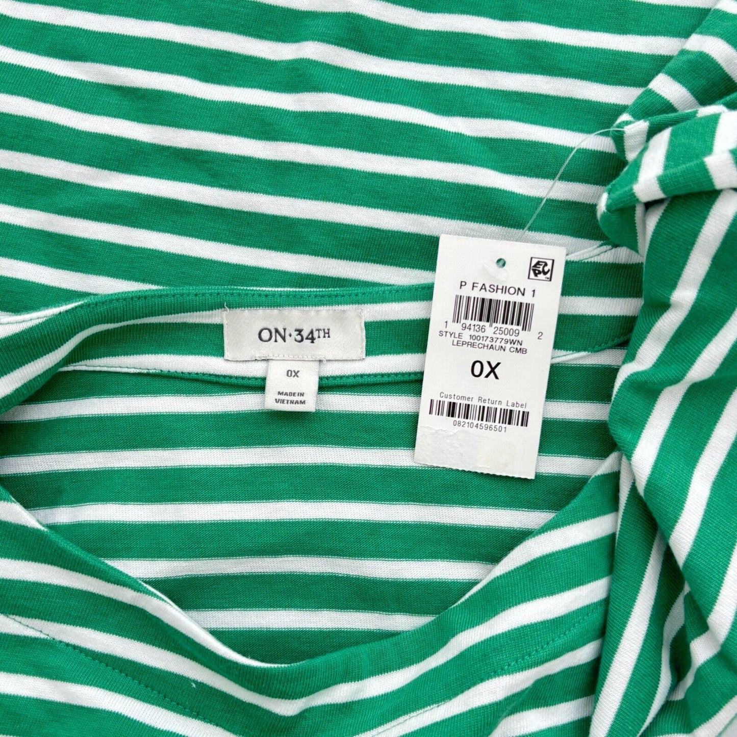 On 34th Plus Size Heavyweight Cotton Striped Boat-Neck 3/4 Sleeve Top NWT