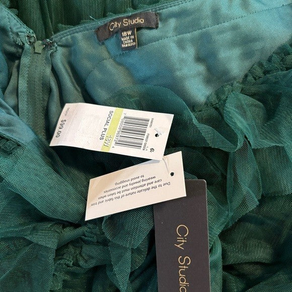 CITY STUDIOS Trendy Plus Size Dark Green Tulle Ruffle Fit & Flare Dress NWT