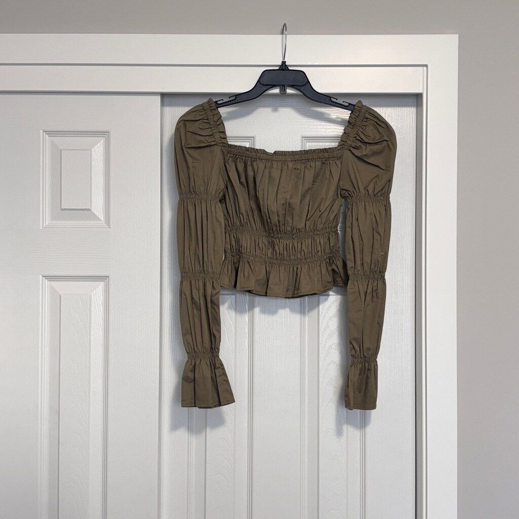 And Now This Women's Small 100% Cotton Olive Green Ruched Puff-Sleeve Top NWT