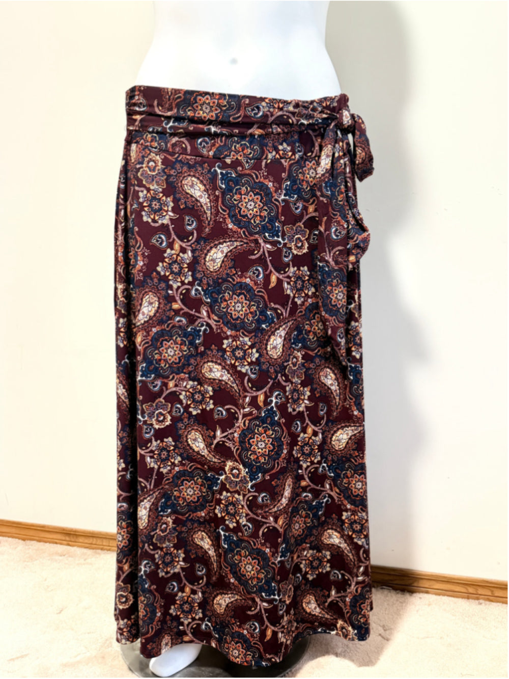 NY Collection Plus Size 2X Brown Paisley Maxi Skirt with Sash Tie NWT