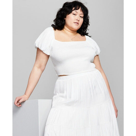 And Now This Women's Plus Size 2X White Square Neck Puff Sleeve Crop Top NWT