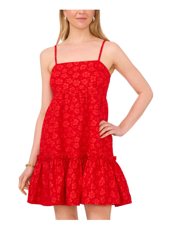 CeCe Women's XS Red Floral Textured Babydoll Square-Neck Midi Dress NWT
