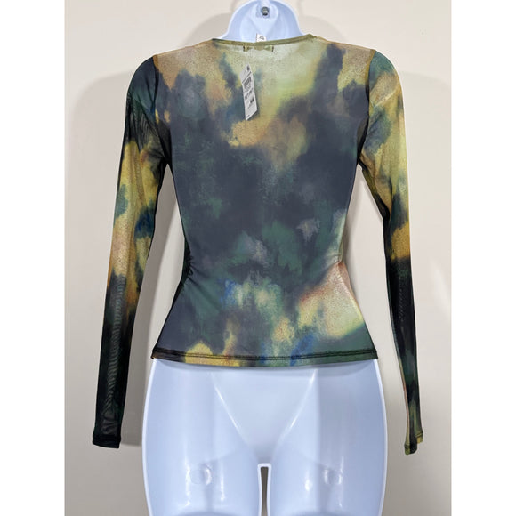 Bar III Petite Green Abstract Printed Long-Sleeve Cowlneck Mesh Top NWT