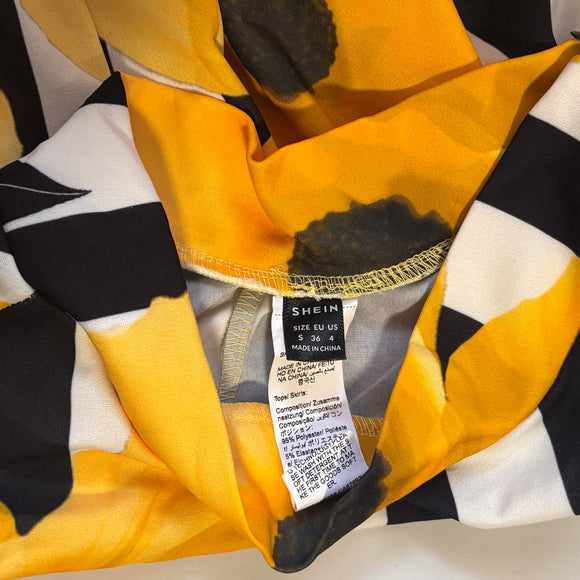 Shein Women's Size Small Floral A-Line Skirt, Striped and w/ Yellow Florals NIB