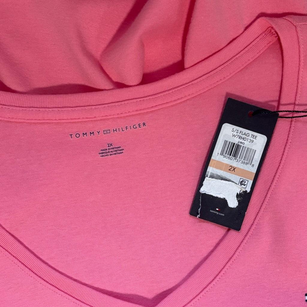 Tommy Hilfiger Plus Size 2X Pink V-Neck Flag Logo Tee 100% Cotton T-Shirt NWT