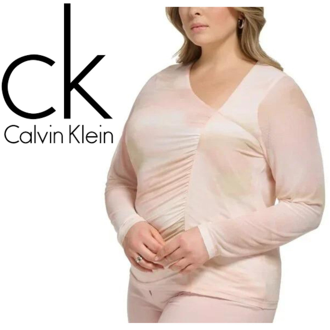 CALVIN KLEIN Plus Size Pink Asymmetrical-Neck Ruched Long-Sleeve Top NWT