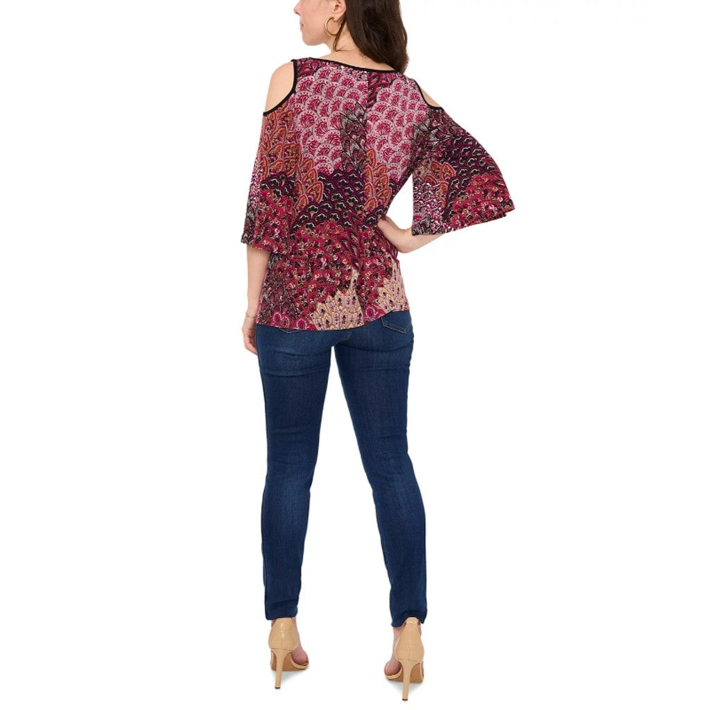 Sam & Jess Women's Medium Petite Purple Paisley Cold-Shoulder Knit Top NWT