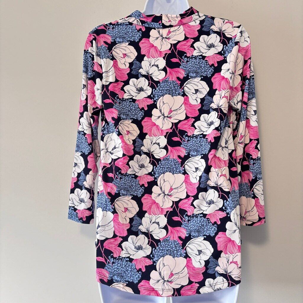 Charter Club Women's XS Pink & Blue Floral Pleated-Neck 3/4-Sleeve Top NWT