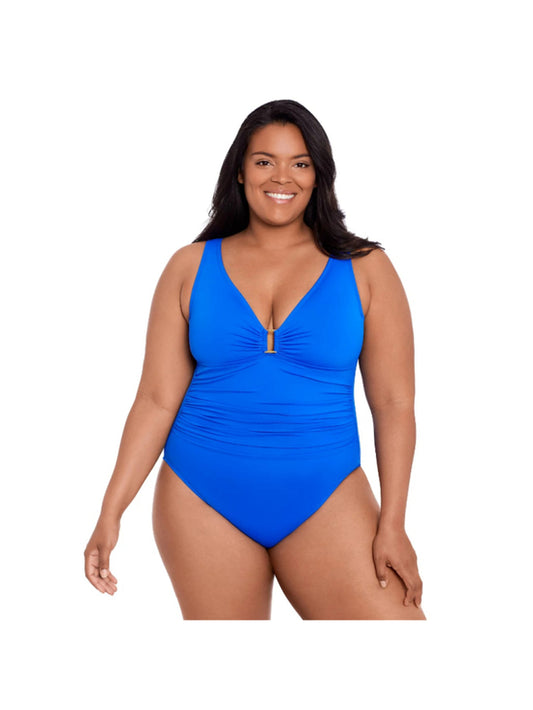 Ralph Lauren Women's 16W Plus Size Blue Ruched One-Piece Swimsuit NWT