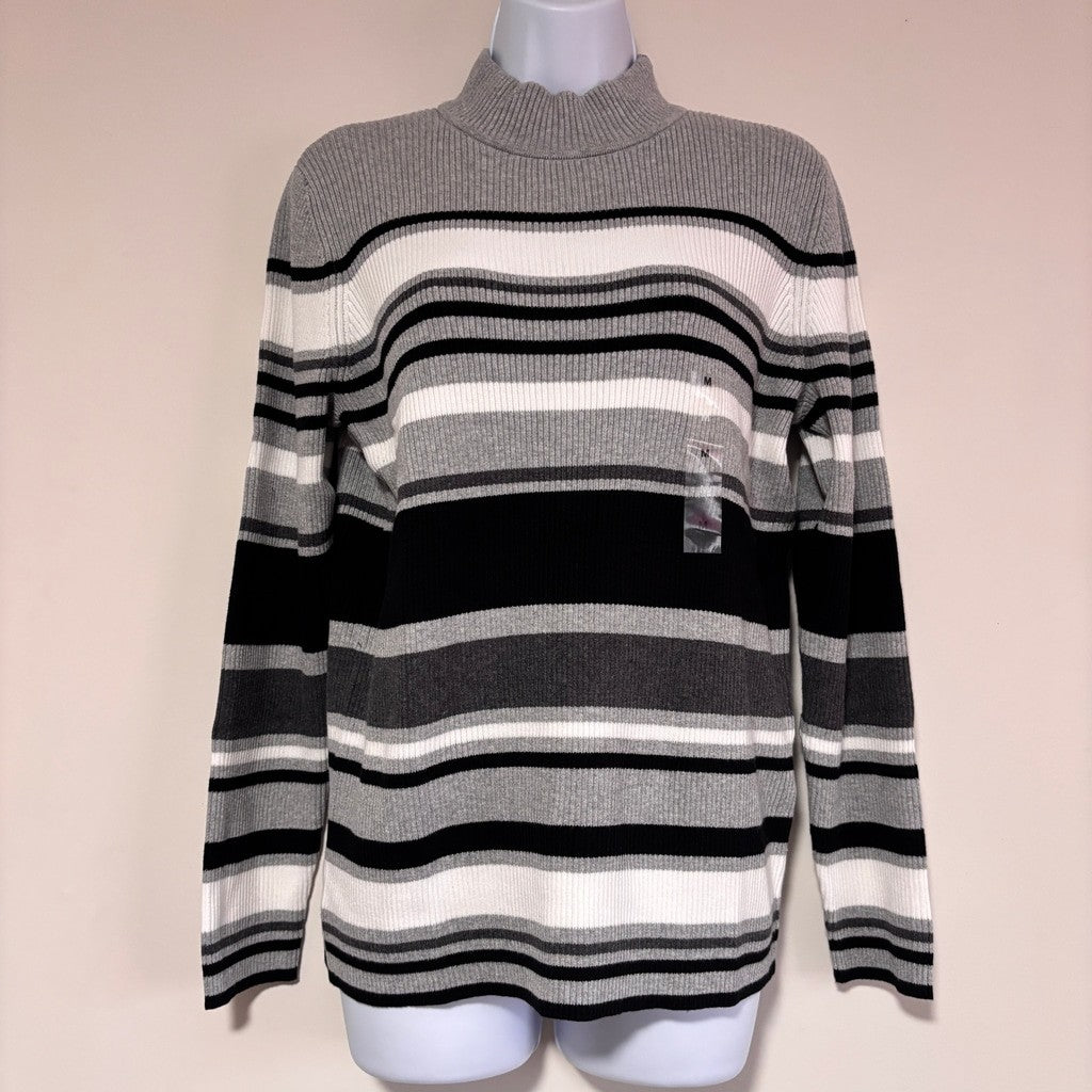 Karen Scott Size Medium Mock Neck Striped Ribbed Sweater Gray 100% Cotton NWT