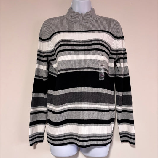Karen Scott Size Medium Mock Neck Striped Ribbed Sweater Gray 100% Cotton NWT