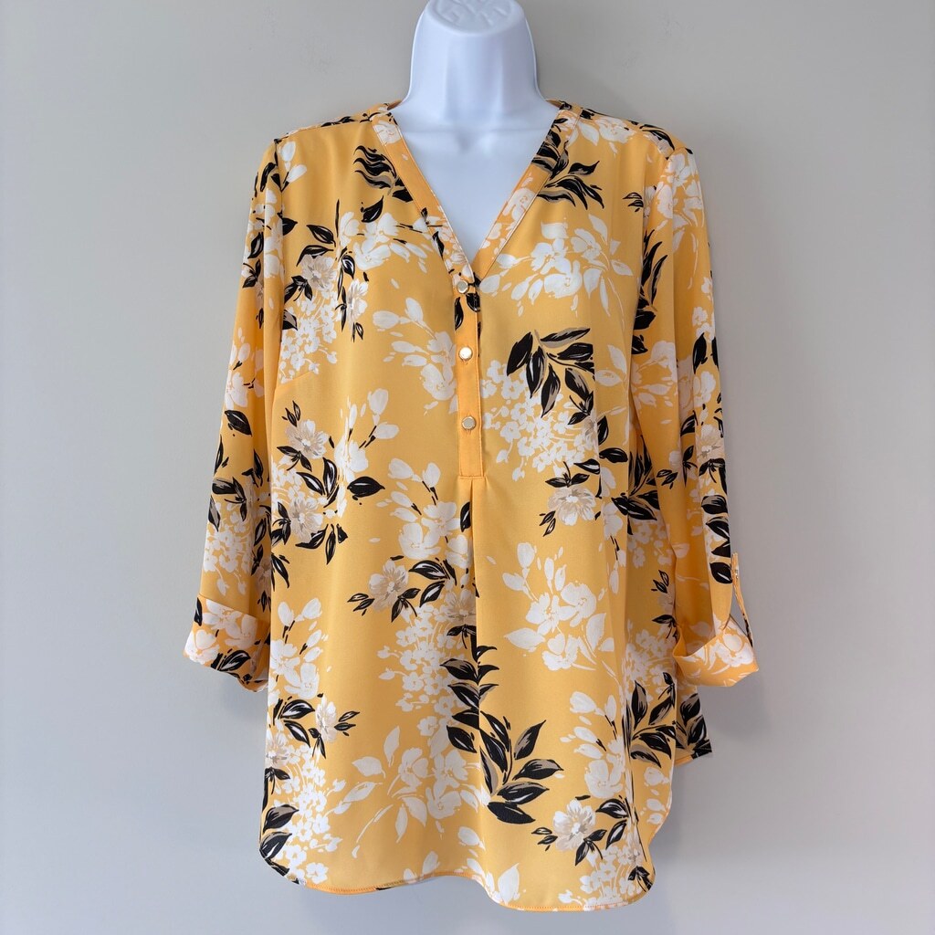 JM Collection Women's Large Petite White Floral Printed Yellow Utility Top NWT