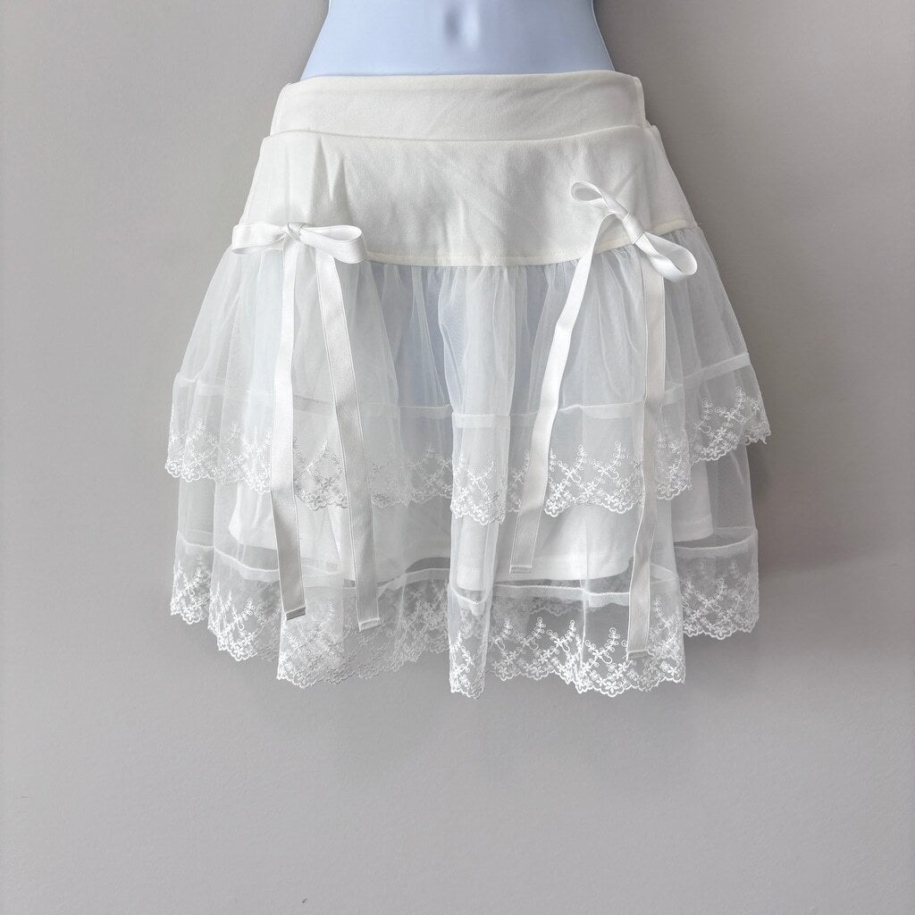 SHEIN Women's Small White Layered Patchwork Lace Embroidered Mesh Hem Skirt NIB