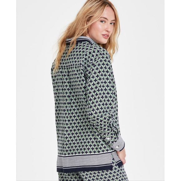 Nautica Jeans Women's XL Green & Blue Printed Button-Down Linen Tunic Top NWT