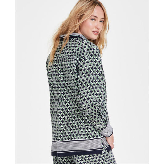 Nautica Jeans Women's XL Green & Blue Printed Button-Down Linen Tunic Top NWT