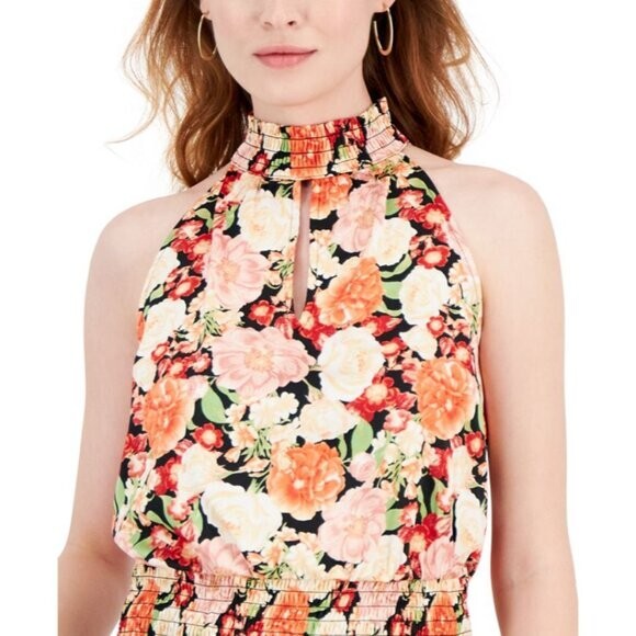 INC International Concepts Floral Printed Smocked-Waist Keyhole Top NWT