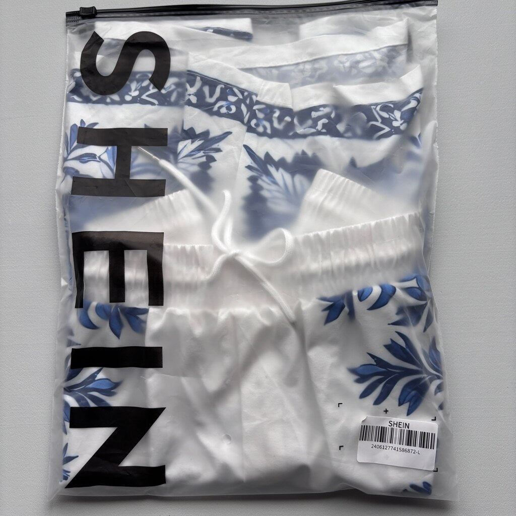 SHEIN Men's White & Blue Floral Drawstring Shorts Casual Beach Style NIB