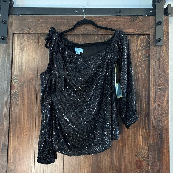 CECE Women's Black Long Sleeve Sequin Bow Detail One-Shoulder Top NWT