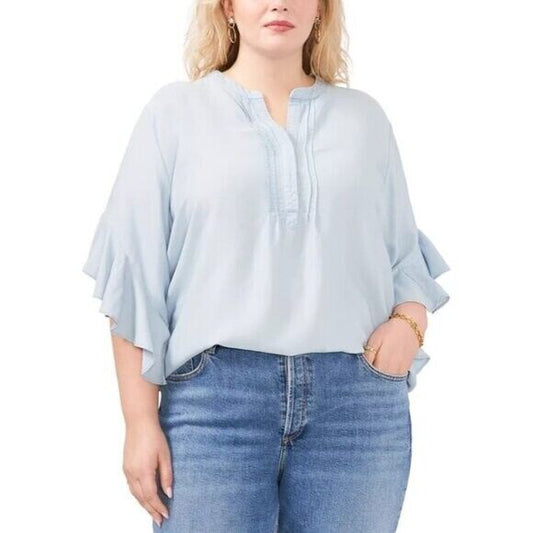 VINCE CAMUTO Plus Size Light Blue Split Neck Ruffle Sleeve Top NWT