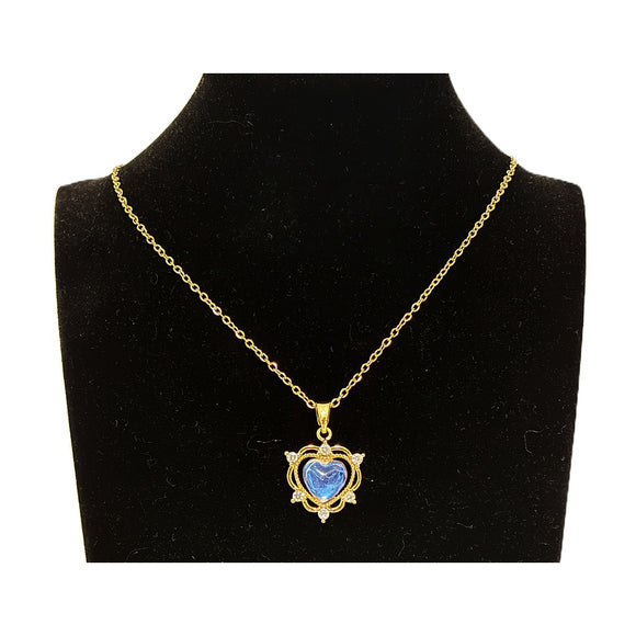 Blue Colour Shifting Heart Pendant Gold Necklace with Crystal Accents NWT
