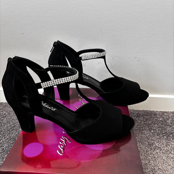 Easy Street Women's 11W Black Strappy Rhinestone Flash Heeled Dress Shoes NIB