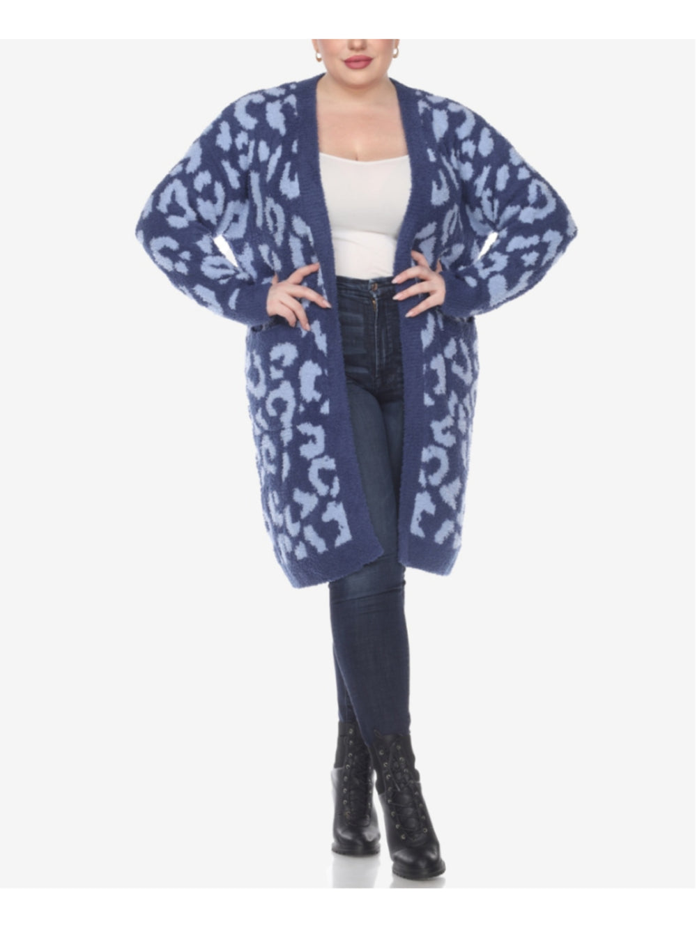 White Mark Plus Size 2X 2XL Plush Sherpa Blue Leopard Open-Front Sweater NWT