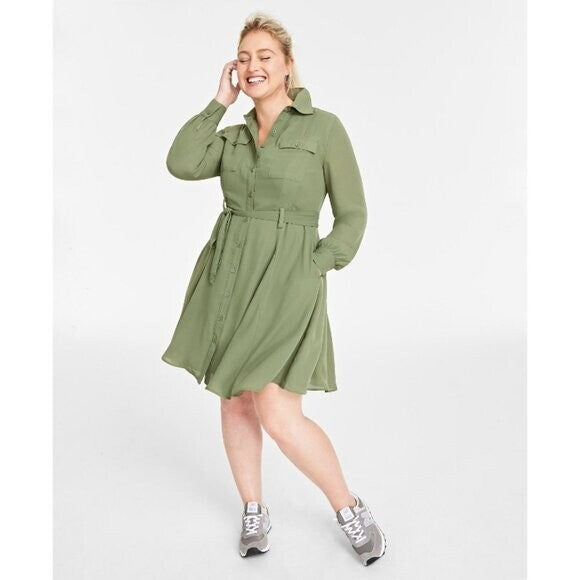 On 34th Plus Size Green Long-Sleeve Belted Shirtdress NWT