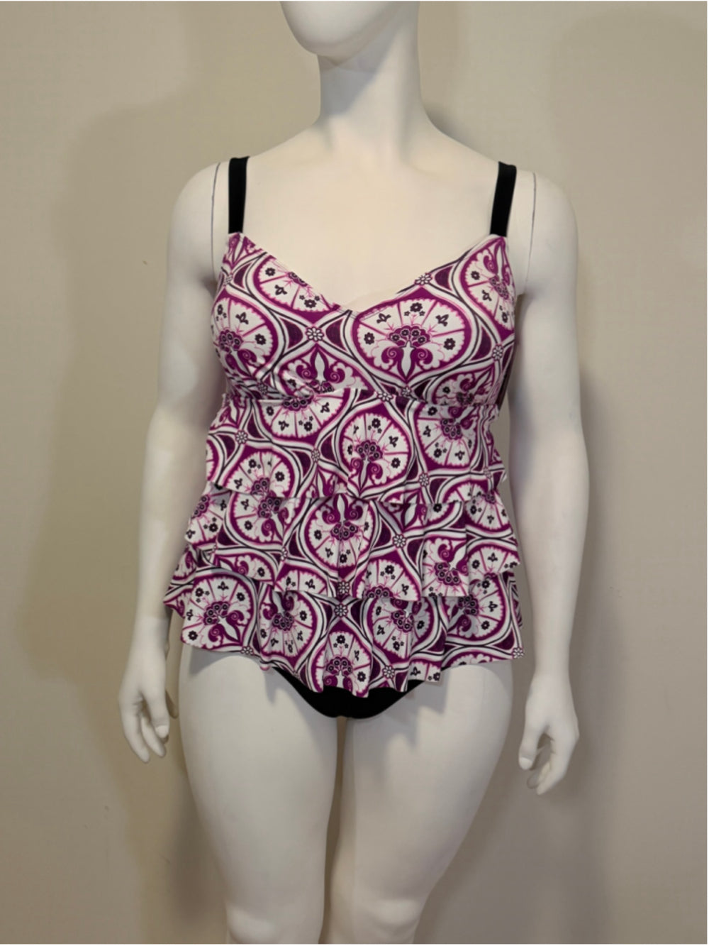Swim Solutions Women's 12 Purple & White Printed Tiered One-Piece Swimsuit NWT