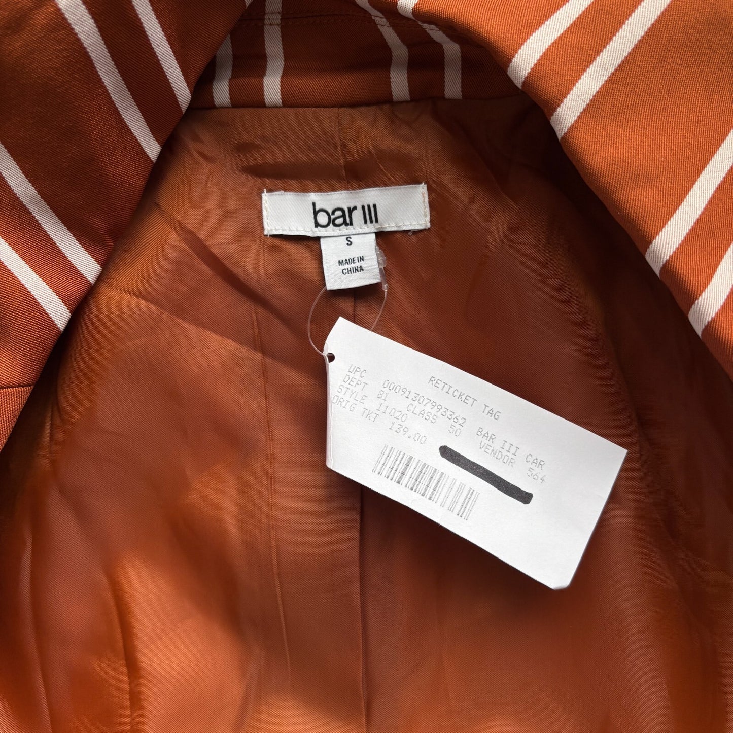 Bar III Women's Brown & White Striped Faux Double Breasted Blazer Jacket NWT