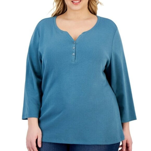 Karen Scott Plus Size Blue 3/4-Sleeve Henley Top /T-Shirt NWT.