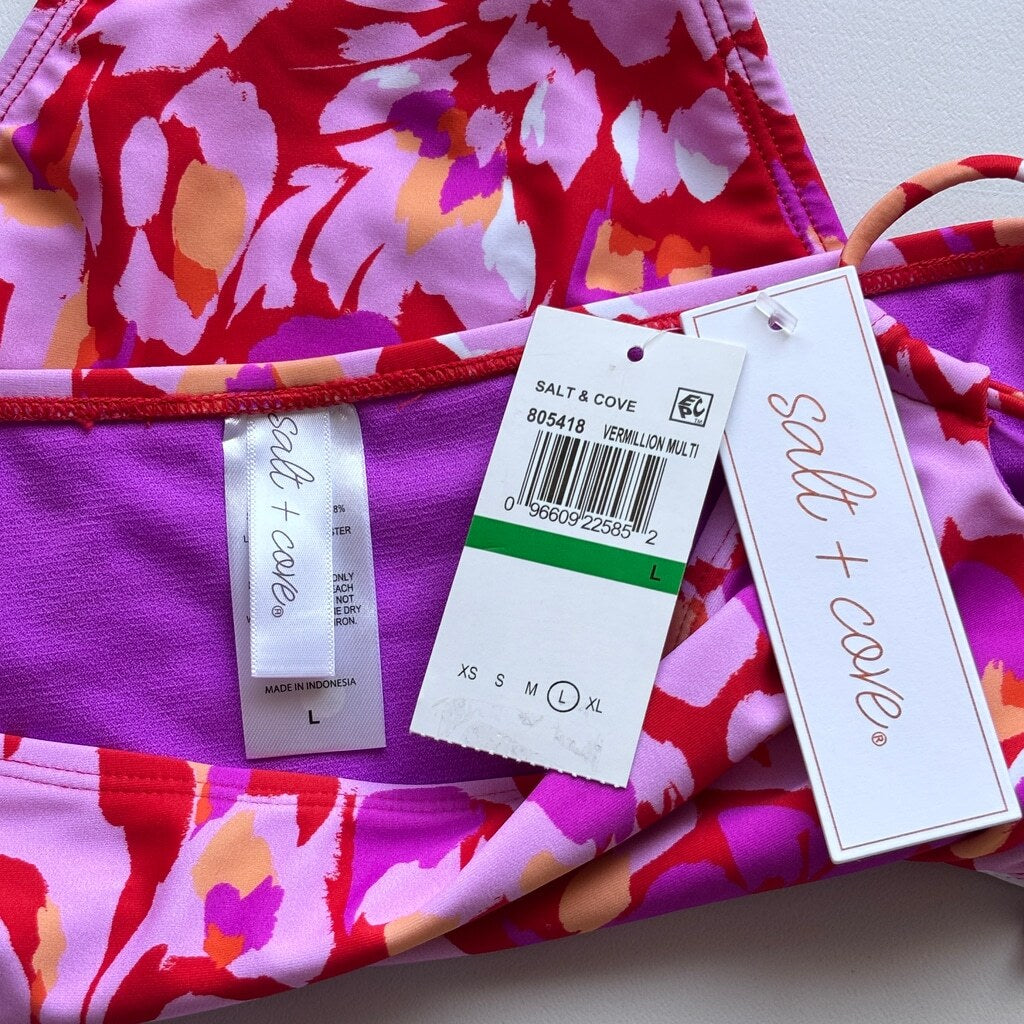 Salt + Cove Women's Red & Pink High-Waist Bikini Bottom / Swimwear NWT