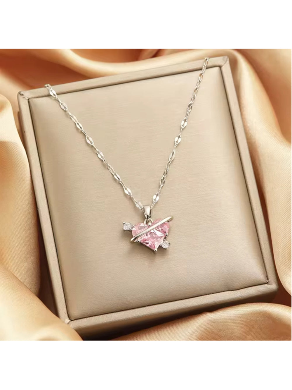 Heart Planet Pendant Silver Tone Necklace with Pink & White Cubic Zirconia NWT