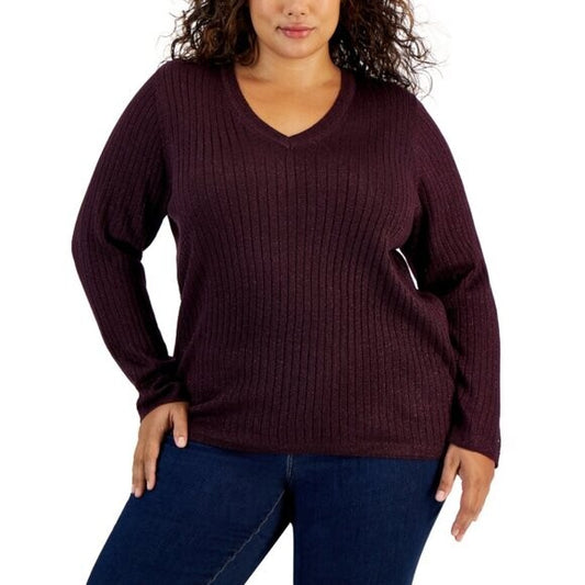 TOMMY HILFIGER Plus Size 1X Burgandy Ribbed Metallic-Threaded Sweater NWT
