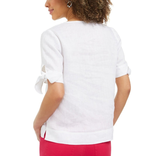 Charter Club Petite Medium White 100% Linen Split-Neck Short Sleeve Top NWT