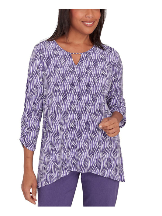 Alfred Dunner Petite Purple & White Diamond Print Top / Blouse NWT