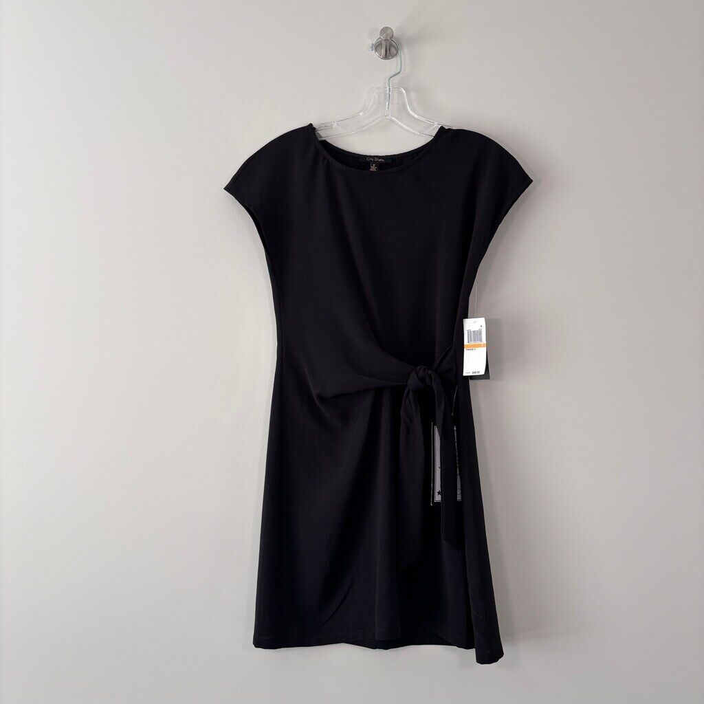 City Studios Juniors' Small Black Tie-Waist Round Neck Short Sleeve Dress NWT