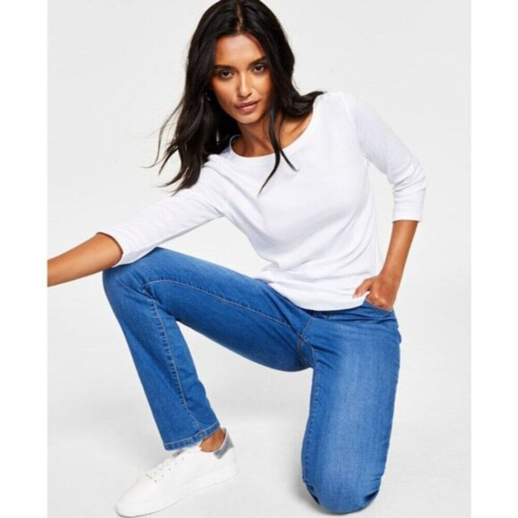 Charter Club Petite Large White Pima Cotton Button-Shoulder 3/4 Sleeve Top NWT