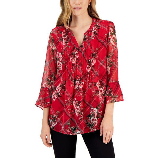 Charter Club Large Petite Red Ruffle Sleeve Etching Garden Pintuck Top NWT