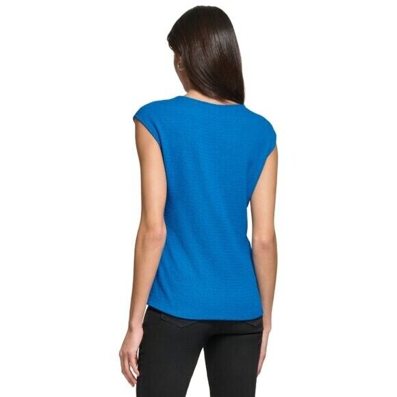 CALVIN KLEIN Cap Sleeve Pleated V-Bodice Textured Blue Blouse NWT