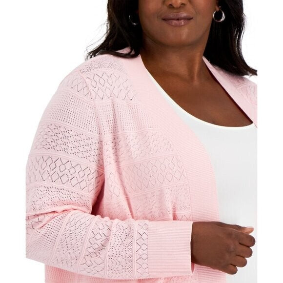 Karen Scott Plus Size 0X Baby Pink Pointelle Open-Front Cardigan NWT