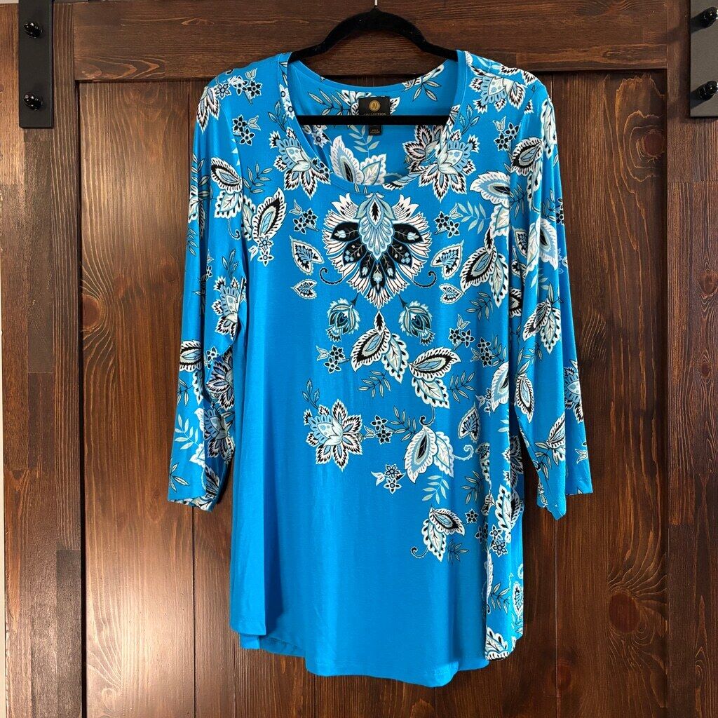 JM Collection Plus Size 0X Blue Paisley Printed Top NWT