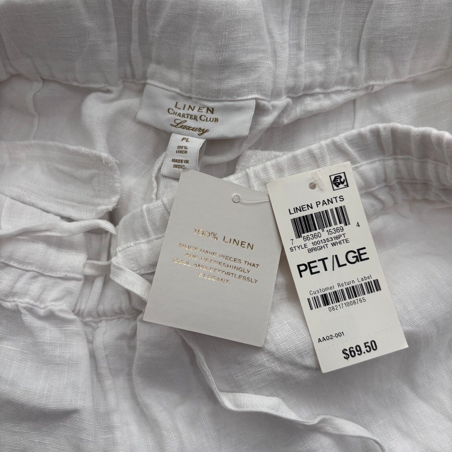 Charter Club Petite 100% Linen White Drawstring Pants NWT