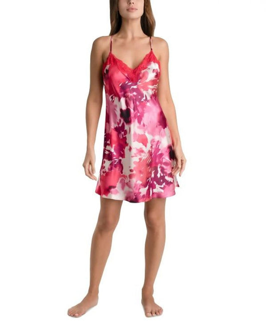 Linea Donatella Women's Small Red & Pink Floral Printed Satin Chemise NWT