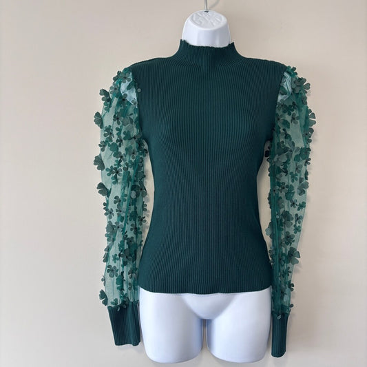Almost Famous Size Small Green Sheer-Sleeve 3D-Flower Mock Neck Sweater NWT