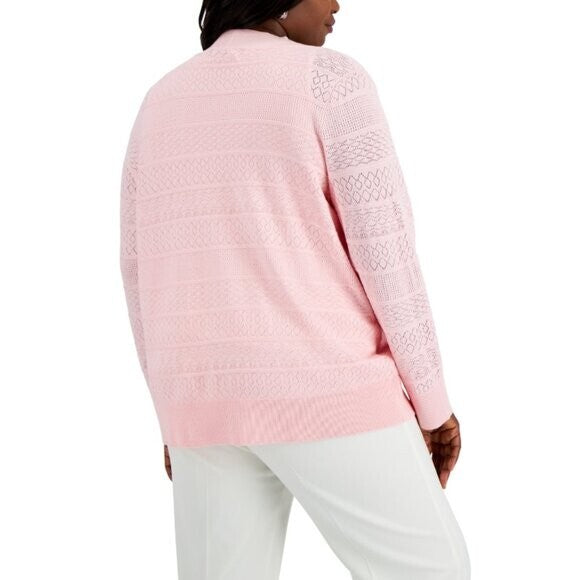 Karen Scott Plus Size 0X Baby Pink Pointelle Open-Front Cardigan NWT